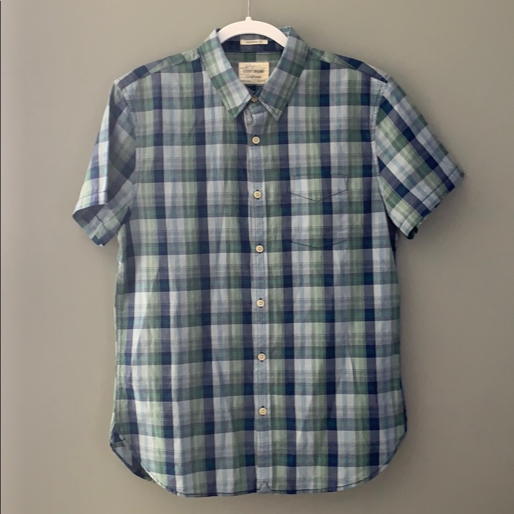 Dark blue and green short sleeve button up